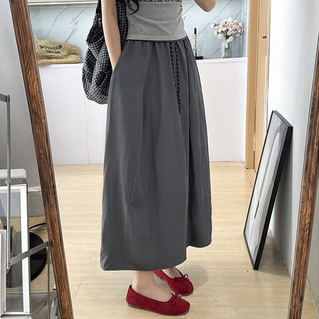 DANGZ 여름 시원한 하이웨이스트 A라인 롱스커트 포켓형 드로우스트링 데일리 스커트 A37