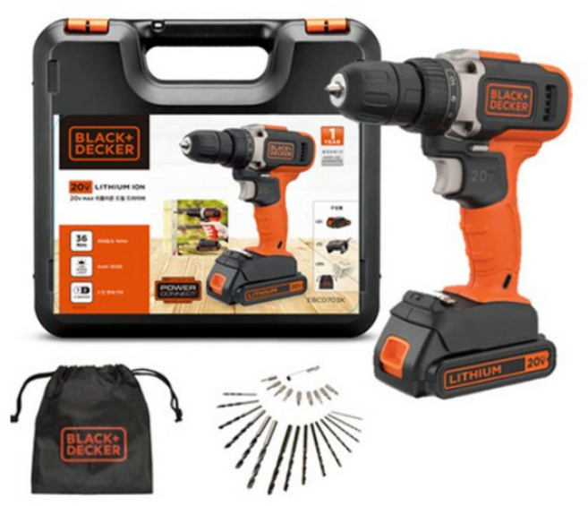 [블랙앤데커] 20V 무선 충전 드릴 드라이버 EBCD703K - 하드케이스포함 (비트+보관주머니 25pcs세트), 1세트