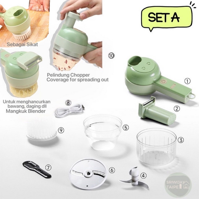 多功能迷你切菜機 絞肉碎菜料理神器 輕鬆切洋蔥蒜末辣椒, SET A with Brush含刷子, 1個