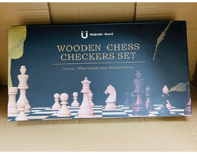 可摺疊式磁性西洋棋組合 二合一實木折疊棋盤 國際象棋跳棋, 1個, 彩盒（外盒邊角微摺痕）商品完整, Brown
