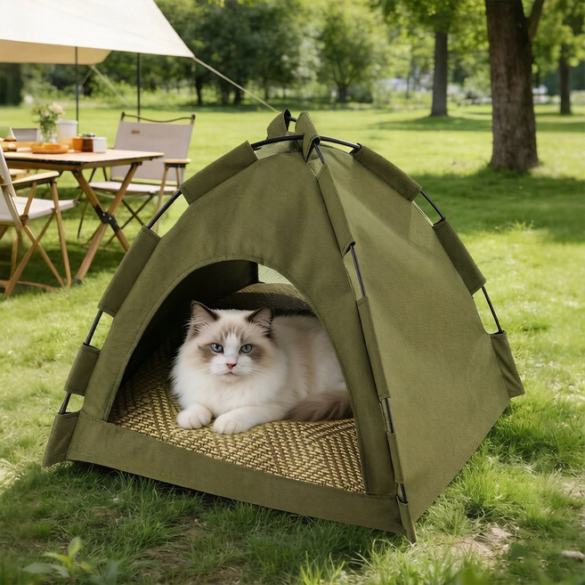 반폐쇄형 고양이 텐트 고양이집 통기성 캠핑 텐트 고양이 침대 사계절용 진공포장, 1개, 카키색