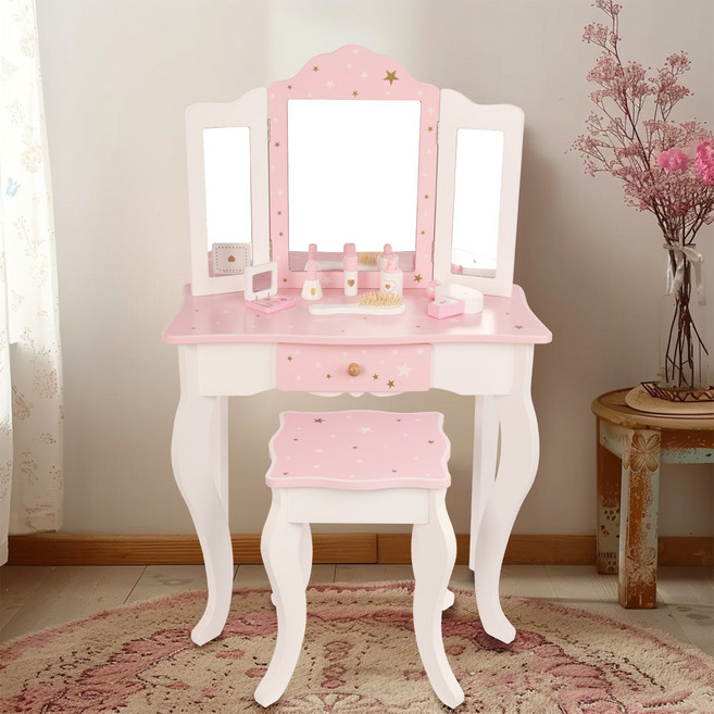 WoodenFun 어린이 우드 화장대 의자 세트 유아 공주 놀이 장난감 역할놀이, 핑크