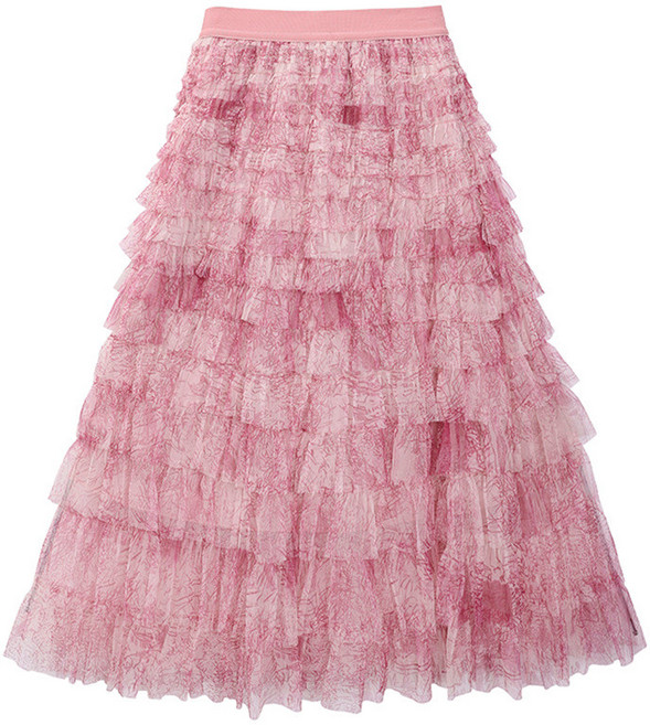 紗網蛋糕裙 氣質長款蓬蓬裙 顯瘦飄逸紮染紗裙