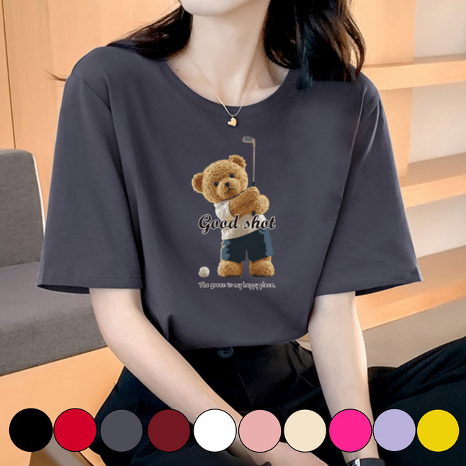 그리내 남여공용 라운드넥 여름 골프 곰돌이 프린팅 시원한 반팔티 커플티 가족티 단체티 동호회 캐릭터 이너 홈웨어 프린팅 티셔츠