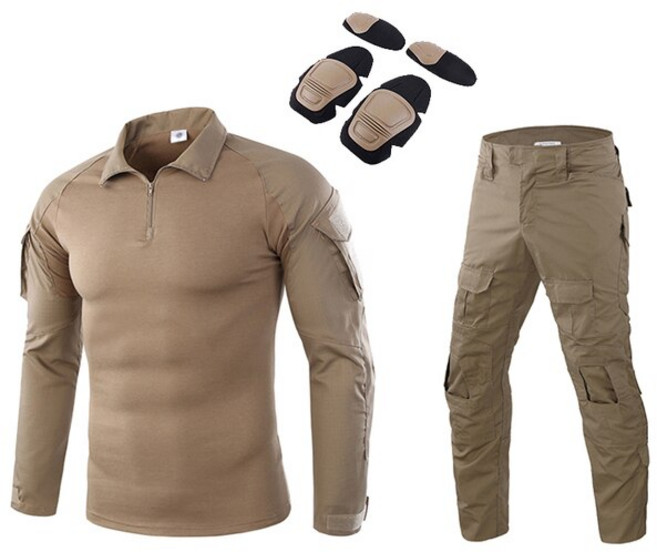육군 군사 유니폼 위장 전술 전투복 에어소프트 전쟁 게임 의류 셔츠 + 바지 팔꿈치 무릎 패드, 17 Khaki_02 M