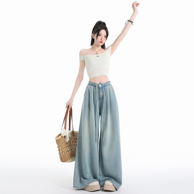 MIREA 여성 와이드핏 롱 데님 팬츠 밴딩 스트링 여름 일상복