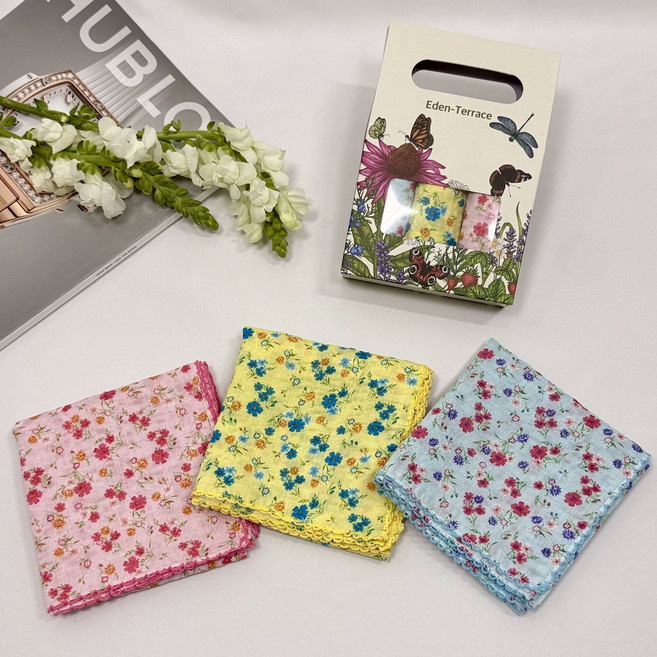 이든테라스 고급 여성손수건 쁘띠스카프 3장1세트 (고급선물 케이스포장) 핀코트 엠보큐티 H