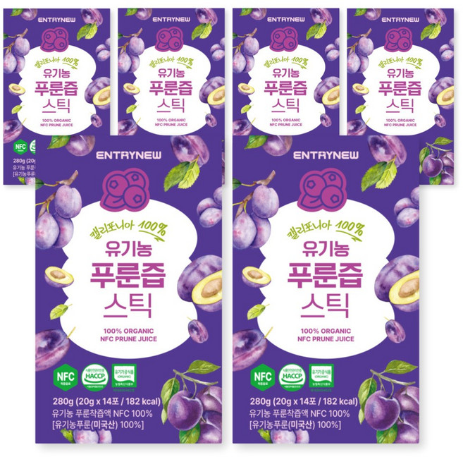 엔트리뉴 100% 유기농 푸룬즙 스틱, 6박스, 280g
