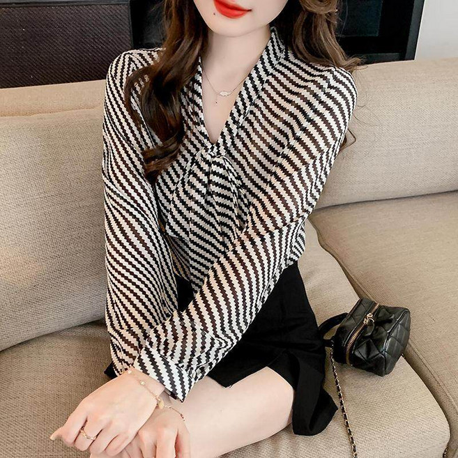 메인워크 여성 쉬폰 블라우스 셔츠 봄가을 리본 긴팔 스트라이프 시크 고급 데일리 오피스룩 간절기 루즈핏 상의