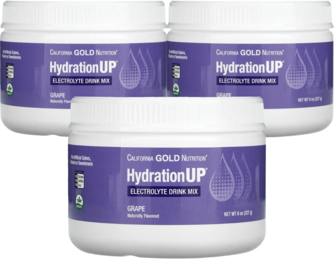 [3개 세트] 캘리포니아골드뉴트리션 HydrationUP 전해질 드링크 믹스 포도 맛 227g, 3개 - 쿠팡