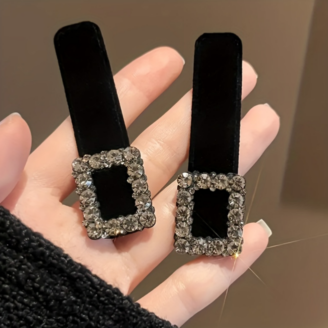 우아한 레트로 블랙 벨벳 라인스톤 머리핀 2P 세트
