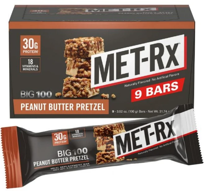 MET-Rx 빅 100 그래놀라 프로틴 바 식사 대용 32g 단백질 땅콩버터 초콜릿 칩 9개입, Peanut Butter Pretzel, 9 Count (Pack of 1) - 쿠팡