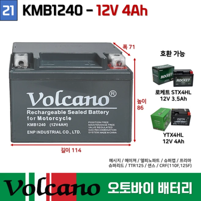 21. 오토바이 밧데리 12V 4AH 텍트 슈퍼리드 슈퍼캡 스쿠터 바이크 볼케이노 오토바이 배터리 KMB1240, 1개, 21.볼케이노배터리 KMB1240 12V4Ah - 쿠팡