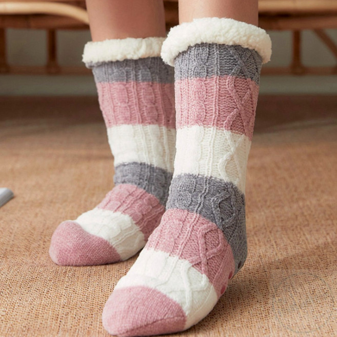 임산부 스트라이프 후리스 롱 수면 양말 핑크
