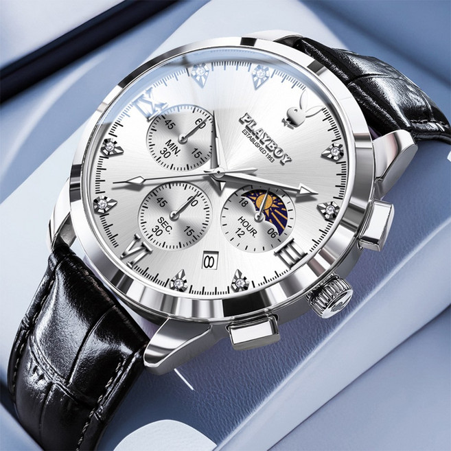 PLAYBOY 명품 브랜드 남자 손목시계 가죽밴드 정장 시계