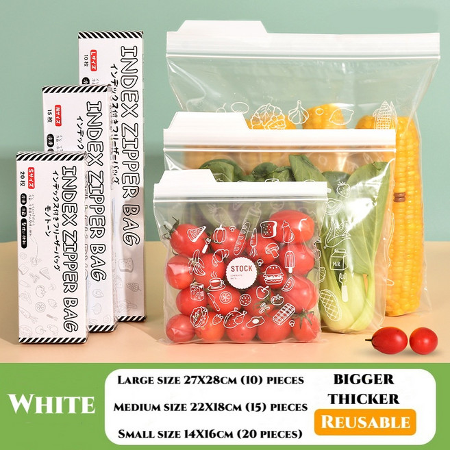 45 20 15 10PCS 재사용 가능한 냉장고 지퍼 누출 가방 용기 유지 방지 신선 가능 등급 밀봉 PE, White, S 14x16cm