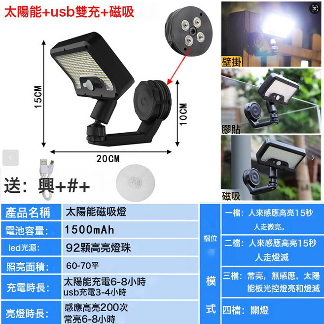 2026新款太陽能戶外庭院燈家用陽臺照明磁吸壁燈人體感應超亮路燈, 磁吸燈白光1個裝:如圖