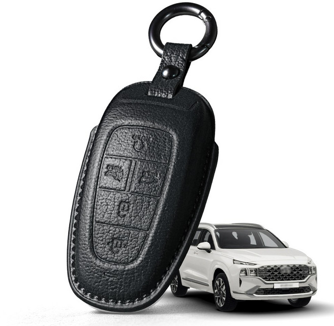 프리미엄 고급 산양가죽 스마트키케이스 / 현대 더 뉴 싼타페 TM (2020.06-2023.08) 호환 / 키홀더 키커버 감성 키보호케이스, 5버튼, 블랙