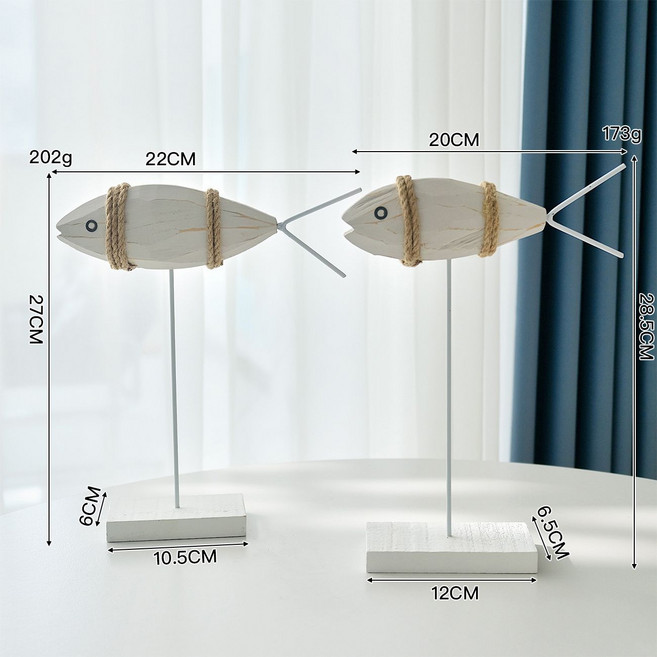 地中海風格 魚擺件 家居飾品 木質裝飾品 桌面擺飾, 1個, 灰色松木魚一對
