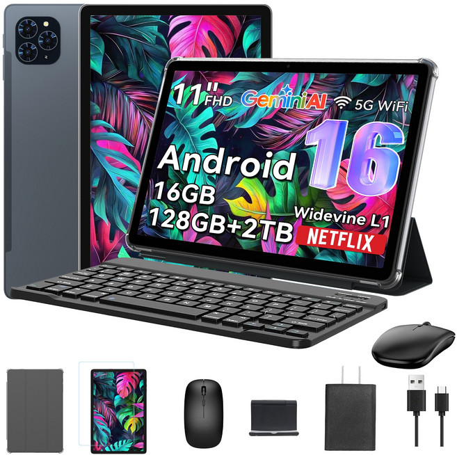 TABWEE 2026 세계최초 Android16 Gemini AI 태블릿 11인치 FHD 16GB +128GB 2TB확장 2in1 테블릿 pc 키보드세트, 회색, 128GB, Wi-Fi