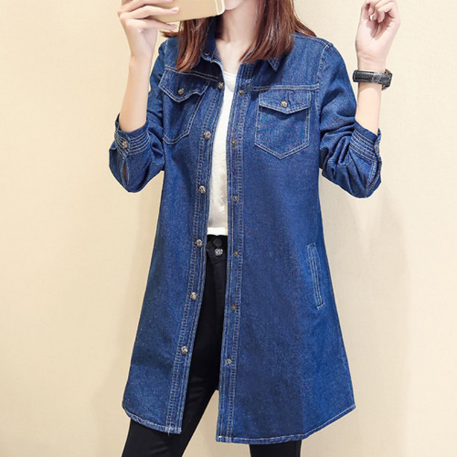 뉴욕멋쟁이 캐주얼 딥 롱셔츠 데님 원피스형 남방 간절기 데님재킷셔츠 청남방