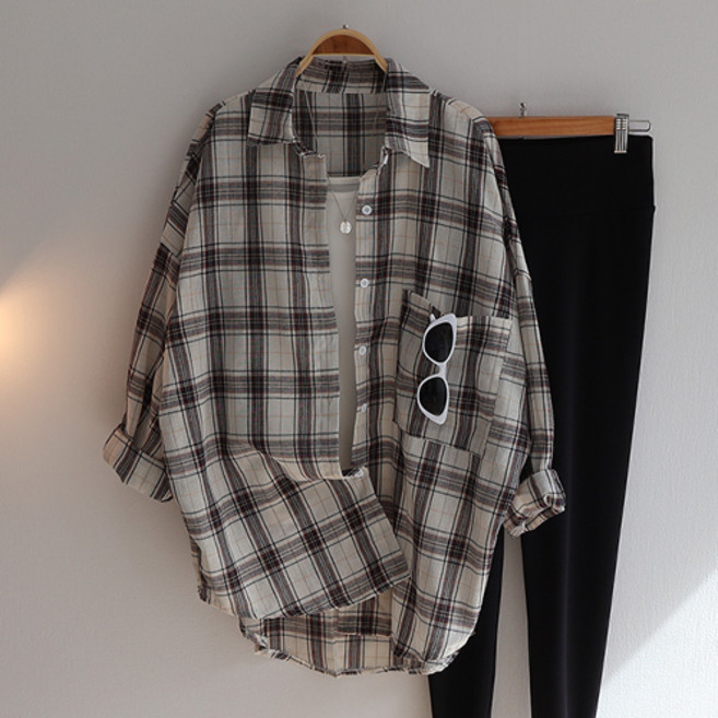 스카이코코 긴팔 셔츠 간절기 솔리드 체크 롱 남방