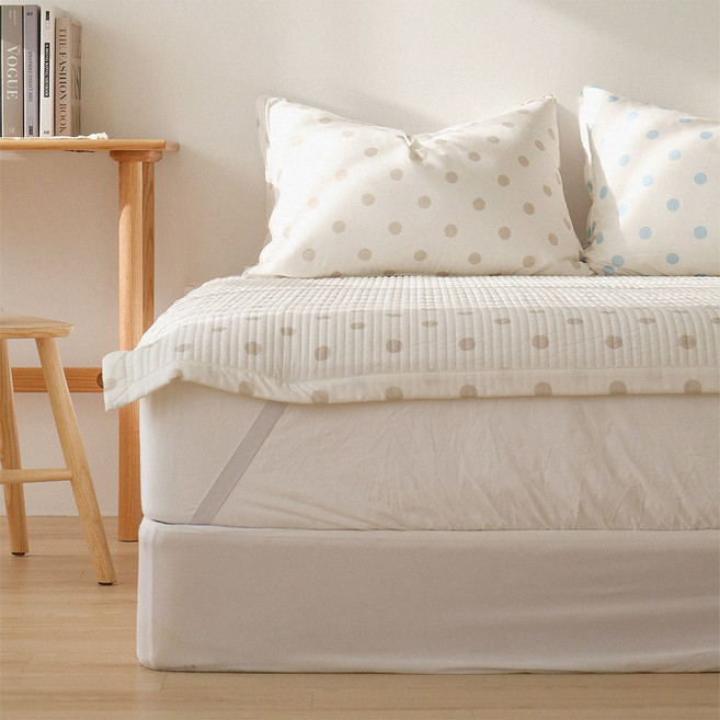 온도 보들보들 먼지없는 땡땡이 스트라이프 줄누빔 침대패드 고정밴드, 오트밀 베이지