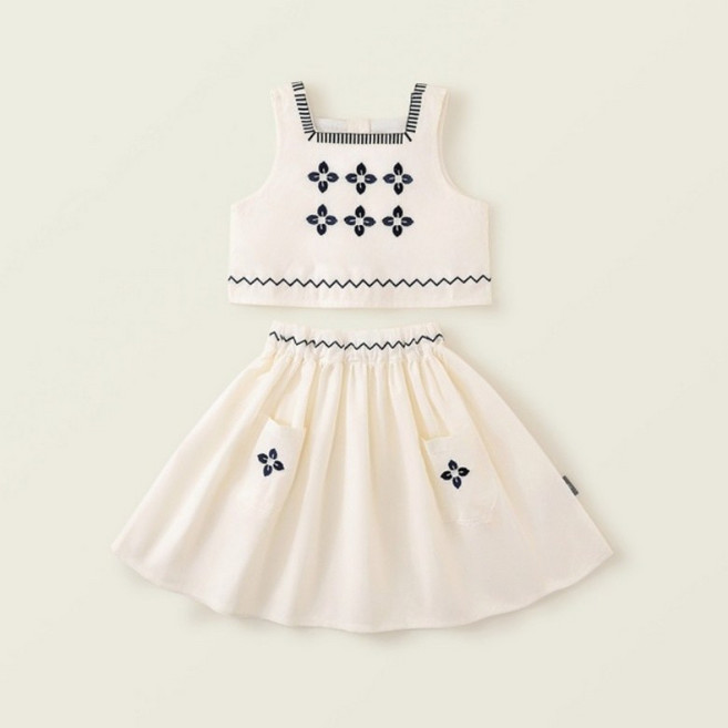 구빠방 아동 여아 마린 자수 민소매 나시 블라우스 플레어 스커트 세트 투피스