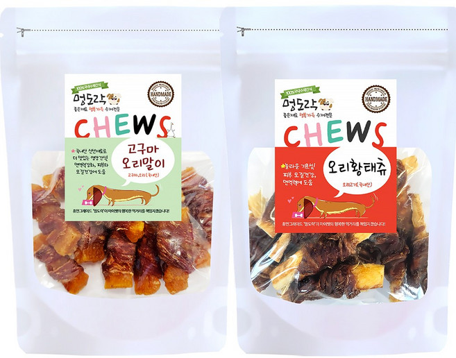 멍도락 고구마오리말이+오리황태츄 국내산 고급수제간식, 3개, 150g, 고구마오리말이 + 오리황태츄