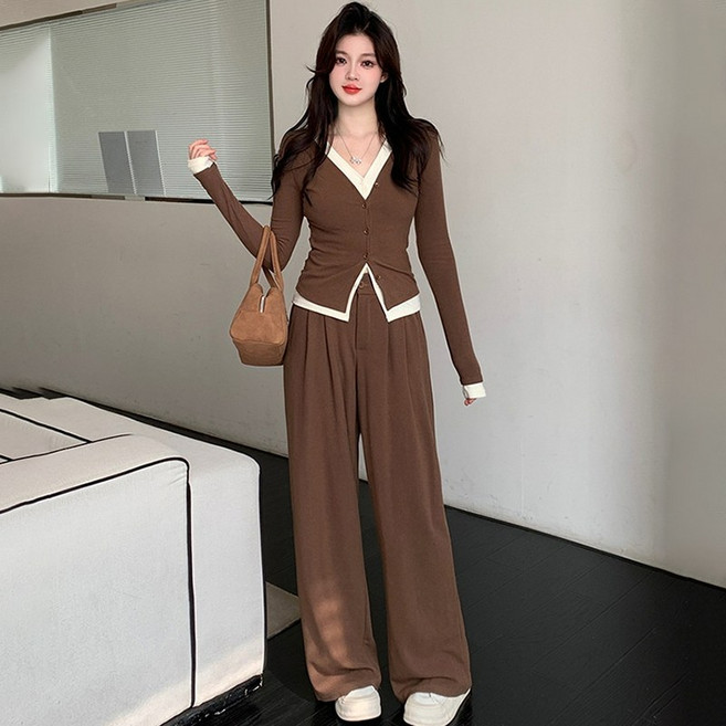 Asure 가을 여사 셔츠 카디건+하이웨스트 와이드 팬츠 트랜드 투피스