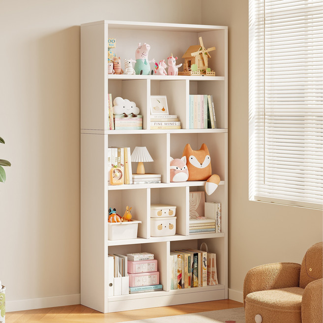 KURUA 모던 심플 대용량 책장 다기능 거실 서재 수납 선반 홈 오피스 수납 캐비닛 높은 선반, 화이트, 5단