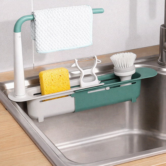 싱크대 길이조절 보조 선반 건조대 받침대 수세미 거름망 세제 행주 걸이 거치대, 그린, 1개