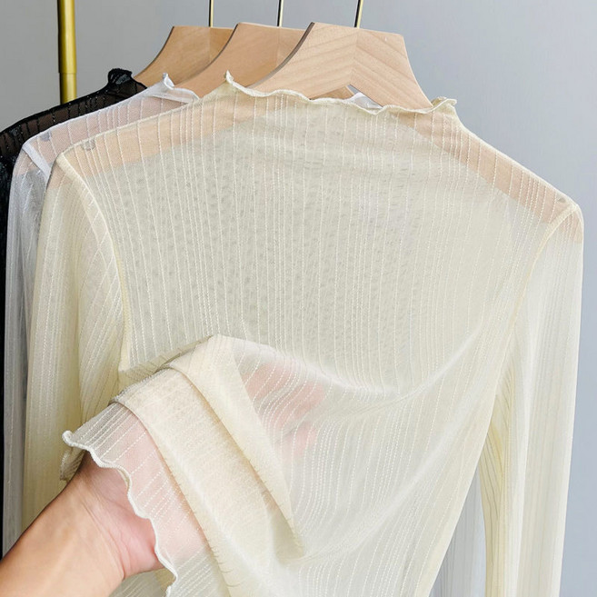 패션 레이스 패치 티셔츠 슬림핏 여성 시스루 티셔츠 반폴라 얇은 긴팔티 봄 가을 여자 이너 긴팔티 CJJ