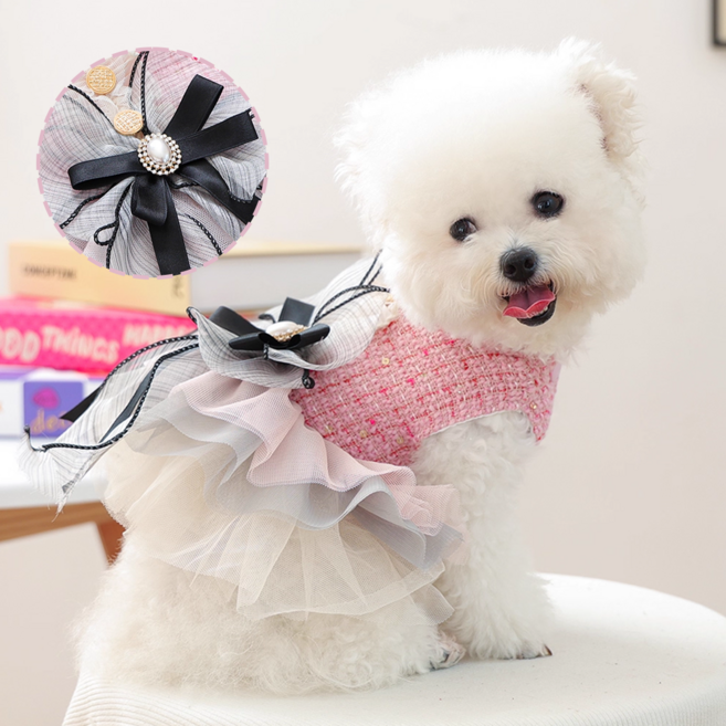 핑크 트위드 튤 레이스 원피스 진주 리본 장식 소형견 데이트 웨딩 드레스, 1개, Pink