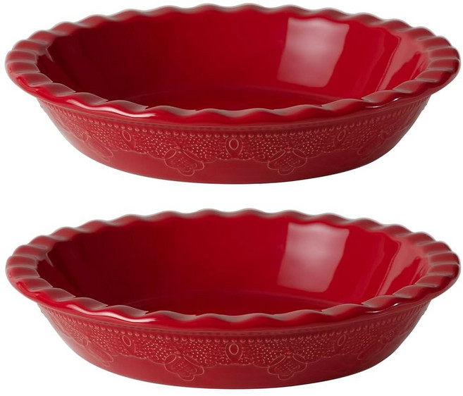 블루 레이스 엠보싱 딥 파이 팬 2개 세트 9인치 세라믹 러플 베이킹 접시, Red,Set of 2