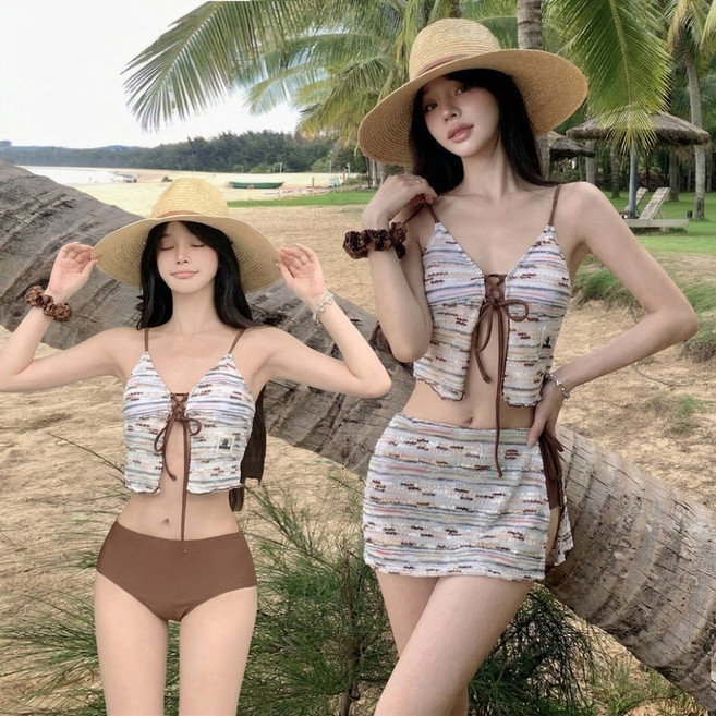 【梨卡】隔日到貨 三件式泳裝 泳衣 比基尼 小胸泳裝 裙式比基尼 綁帶泳裝 露背泳衣 辣妹泳裝 FC164, 如圖色