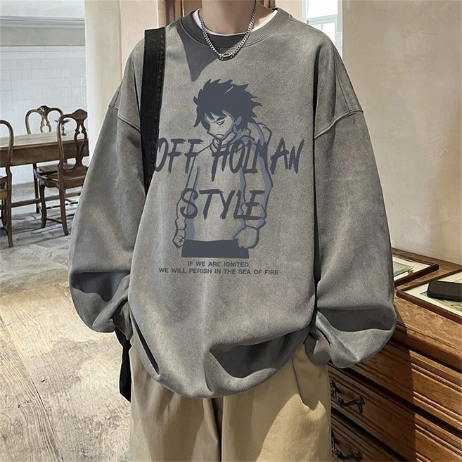 TKX 남성 캐주얼 봄가을 오버사이즈 맨투맨 티셔츠 캐릭터 프린트 라운드넥 긴팔 K89