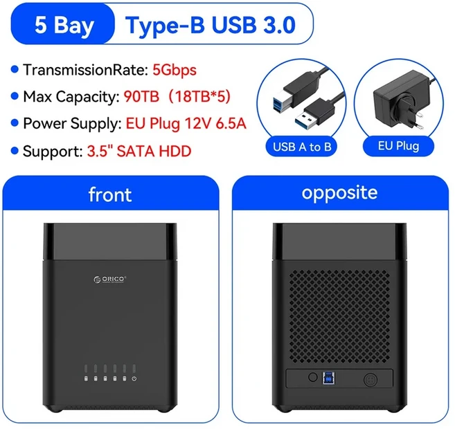 ORICO 5 베이 3.5인치 HDD 케이스 하드 드라이브 도킹 스테이션 외장형 SATA to USB 3.0/Type C SSD 디스크, 04 USB3.0 EU Plug