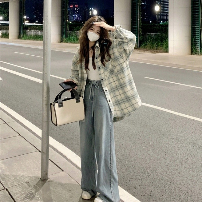 復古格子襯衫外套女夏季寬鬆休閒防曬港風上衣