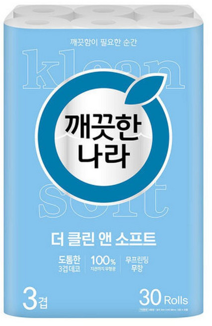 깨끗한나라 3겹 화장지 순수 더클린 앤 소프트 30m 30롤, 30개