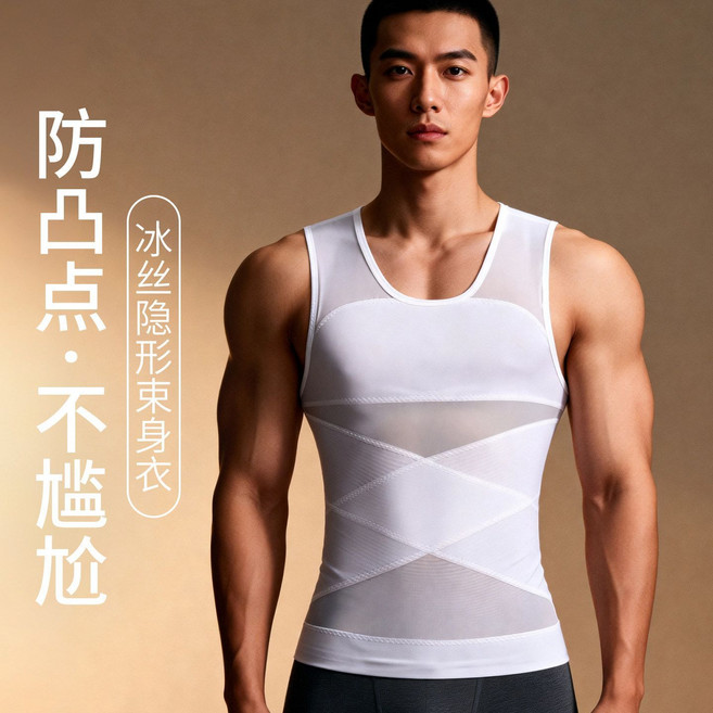 男士塑身背心，收腹顯瘦，強力束胸，防凸點, 1個, 908-塑形藏肉神器【白色】L 【100-130斤】