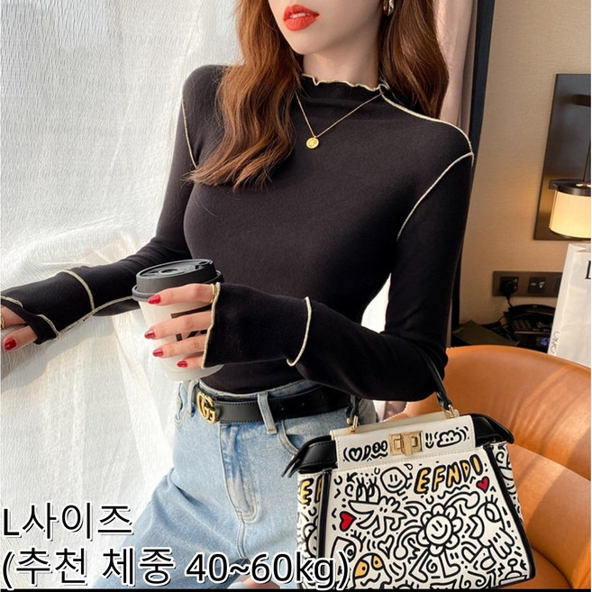 여성용 더롱 양면 티셔츠 물결넥 배색 슬림핏 긴팔 하이넥 이너티 가을겨울용