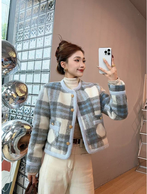 COSYEVNO 여성 트위드 재킷 겨울 데일리 캐주얼 트렌디 루즈핏 라운드 버튼 숏 긴팔 코트 CXJ-15