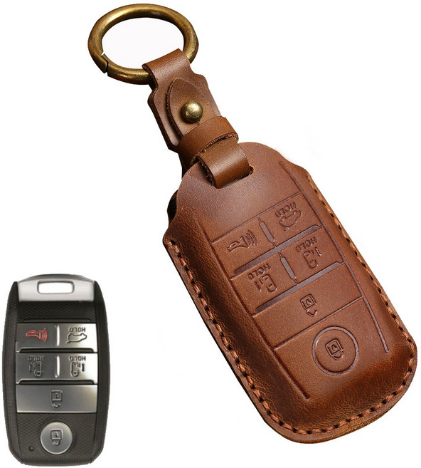 올팜 현대 기아 스마트키 고급 핸드메이드 가죽 키케이스 키링, 기아 6버튼 브라운