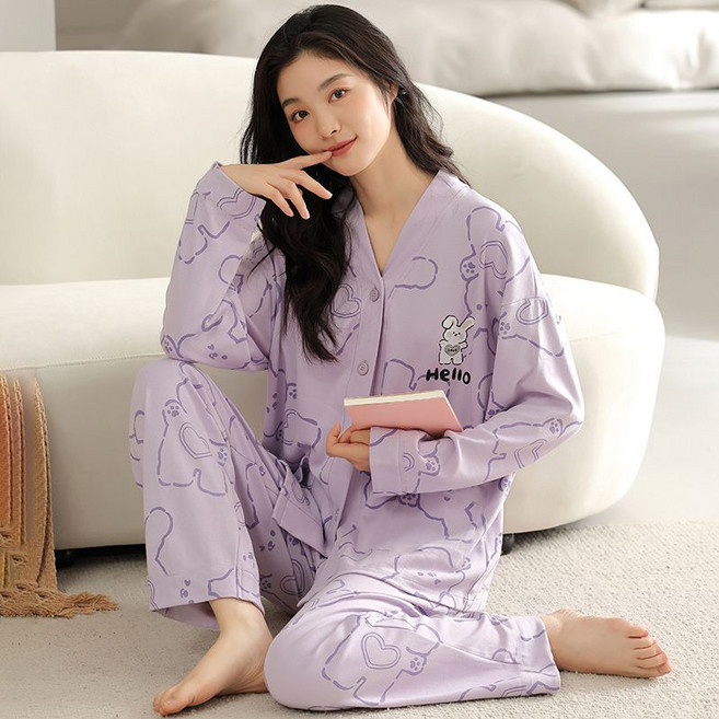 스타일아유 여성 면 브이넥 귀여운 캐릭터 프린트 잠옷 세트 긴팔 긴바지 홈웨어 편안한 캐주얼 파자마 SE1915-1928