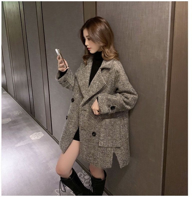 루스리더 여성 카라넥 루즈핏 체크 모직코트 E79