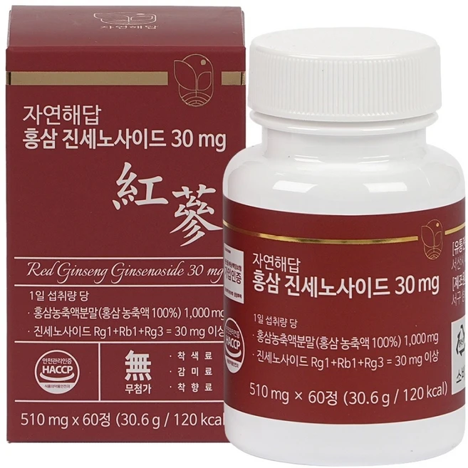 자연해답 6년근 홍삼 진세노사이드 30mg, 1박스, 60정 - 쿠팡