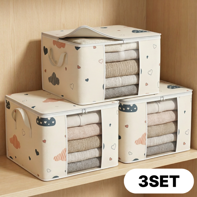 굿컨트리 투명창 패브릭 리빙박스 1+1+1 이불 계절 옷정리 보관함, 3개, 아이보리
