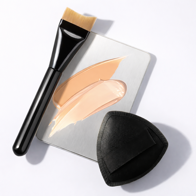센토라 메이크업샵 파운데이션 브러쉬 세트 초밀착 납작 브러쉬 퍼프 팔레트, 1개, 블랙 3종세트