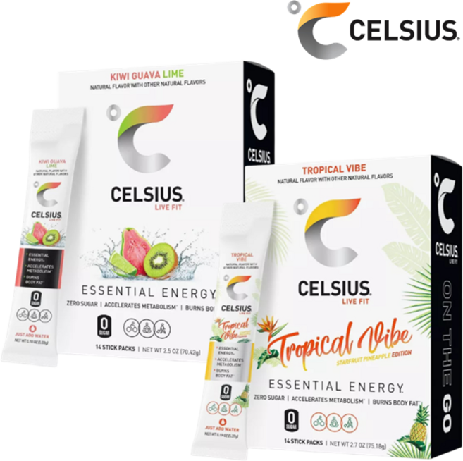[CELSIUS] [1+1] 셀시어스 히트 워터 제로슈가 키위 구아바 라임 맛 14개입 + 트로피컬 바이브 14개입 에너지 드링크 파우더 Energy Drink Mix
